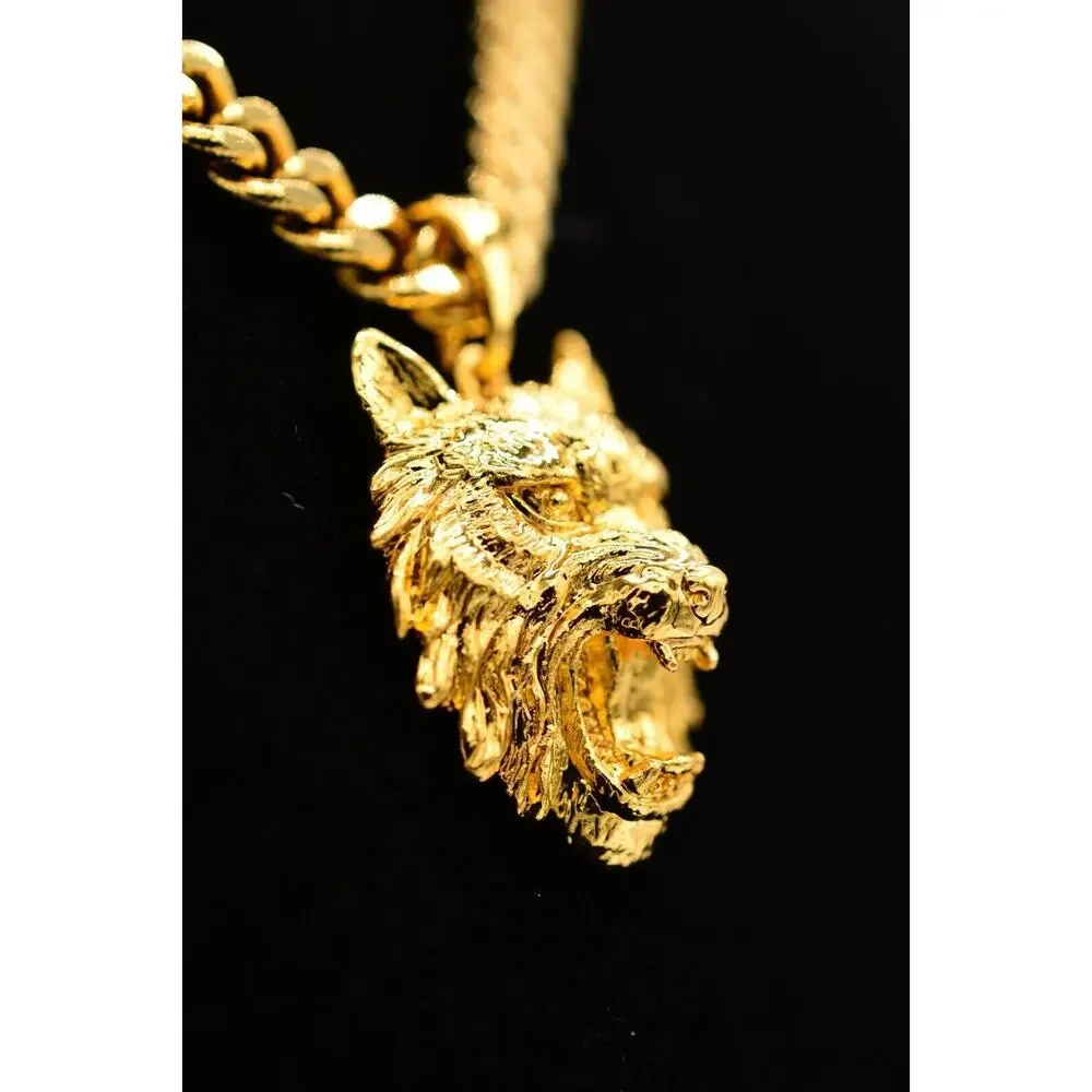 Kalifornia Lion Pendant Necklace Gold Tone Cuban Chain Signed Unisex 9J